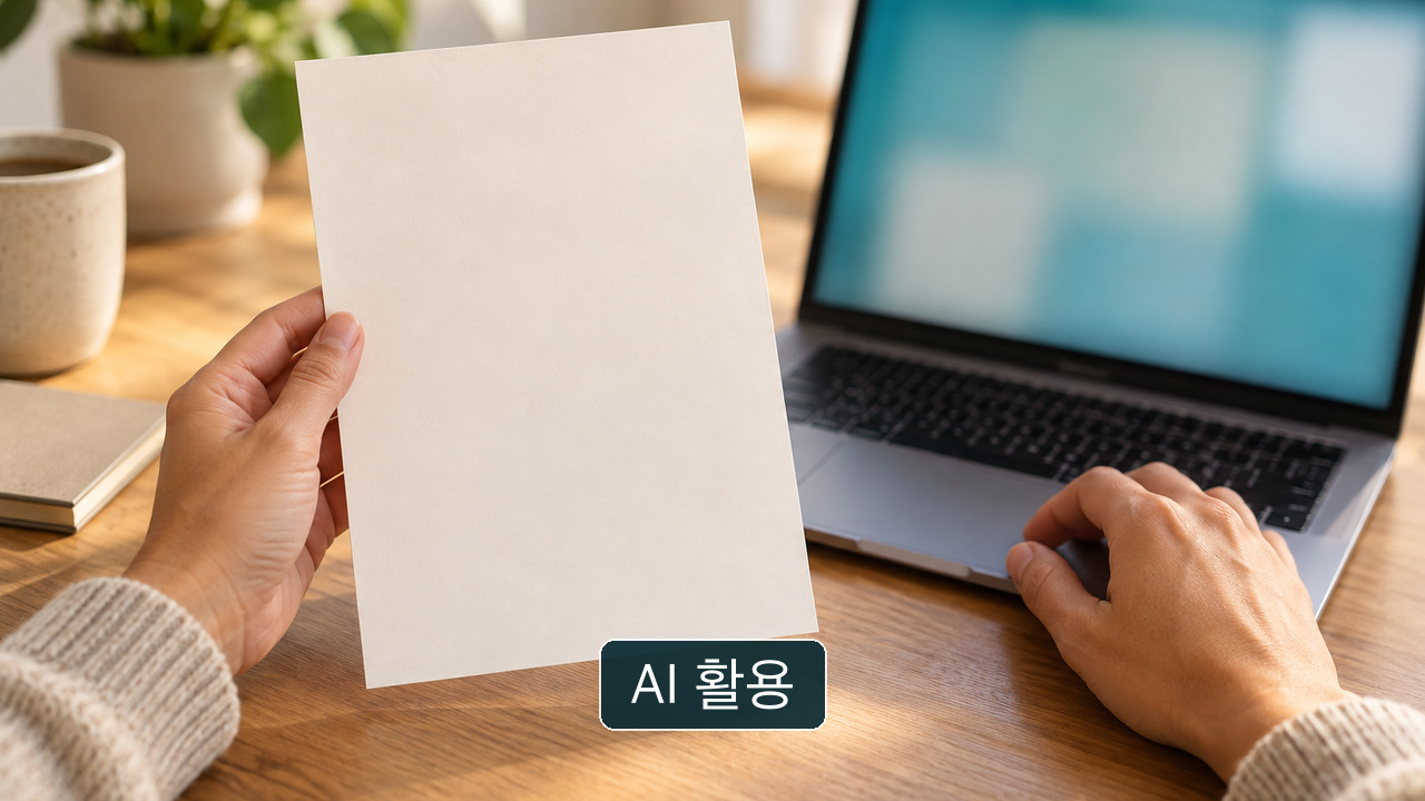 글자가 없는 빈 종이를 든 손과 추상적인 노트북 화면. 실제 설문 응답지 또는 특정 도구 화면이 아님
