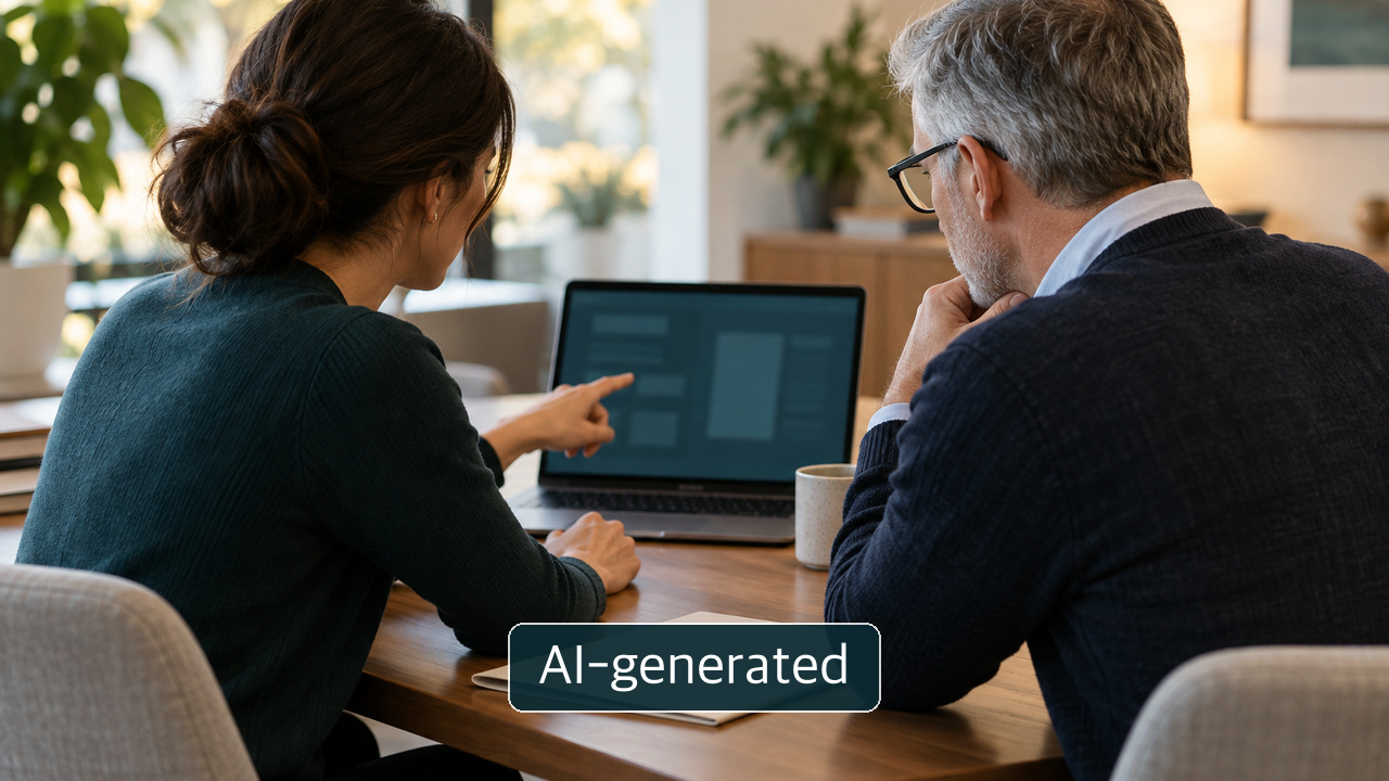 Conceptual image of two colleagues reviewing a blurred laptop screen; not an actual survey response or identifiable platform