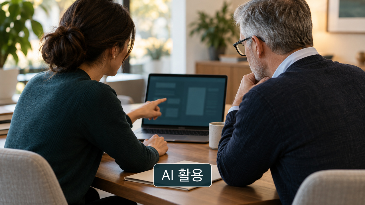 두 사람이 추상적인 노트북 화면을 함께 확인하는 장면. 실제 개인정보나 특정 서비스 UI가 아님