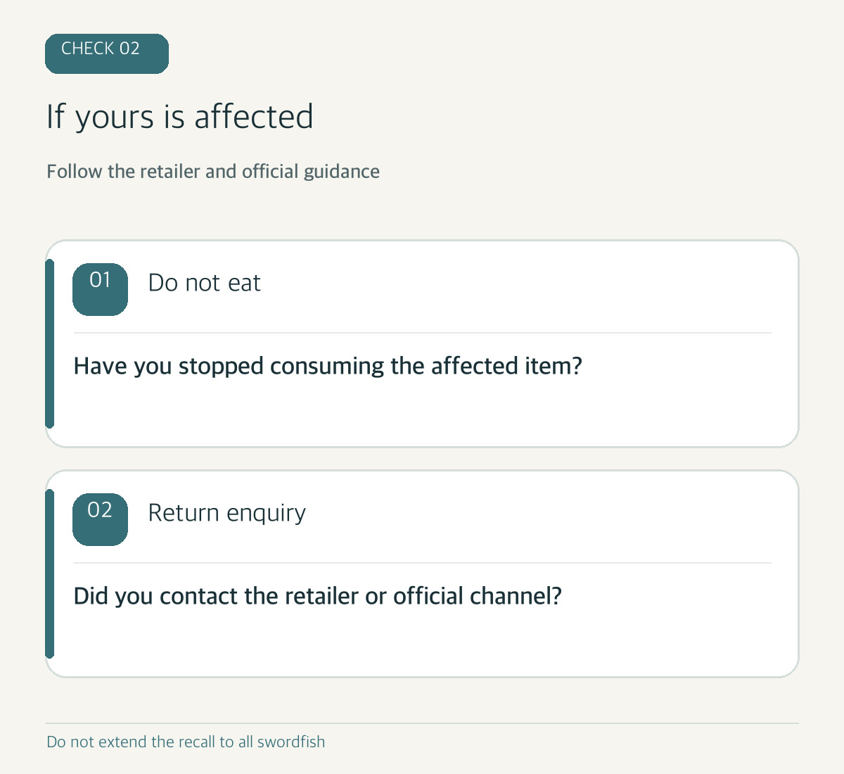 Code-drawn diagram: do not consume the affected item; contact the retailer