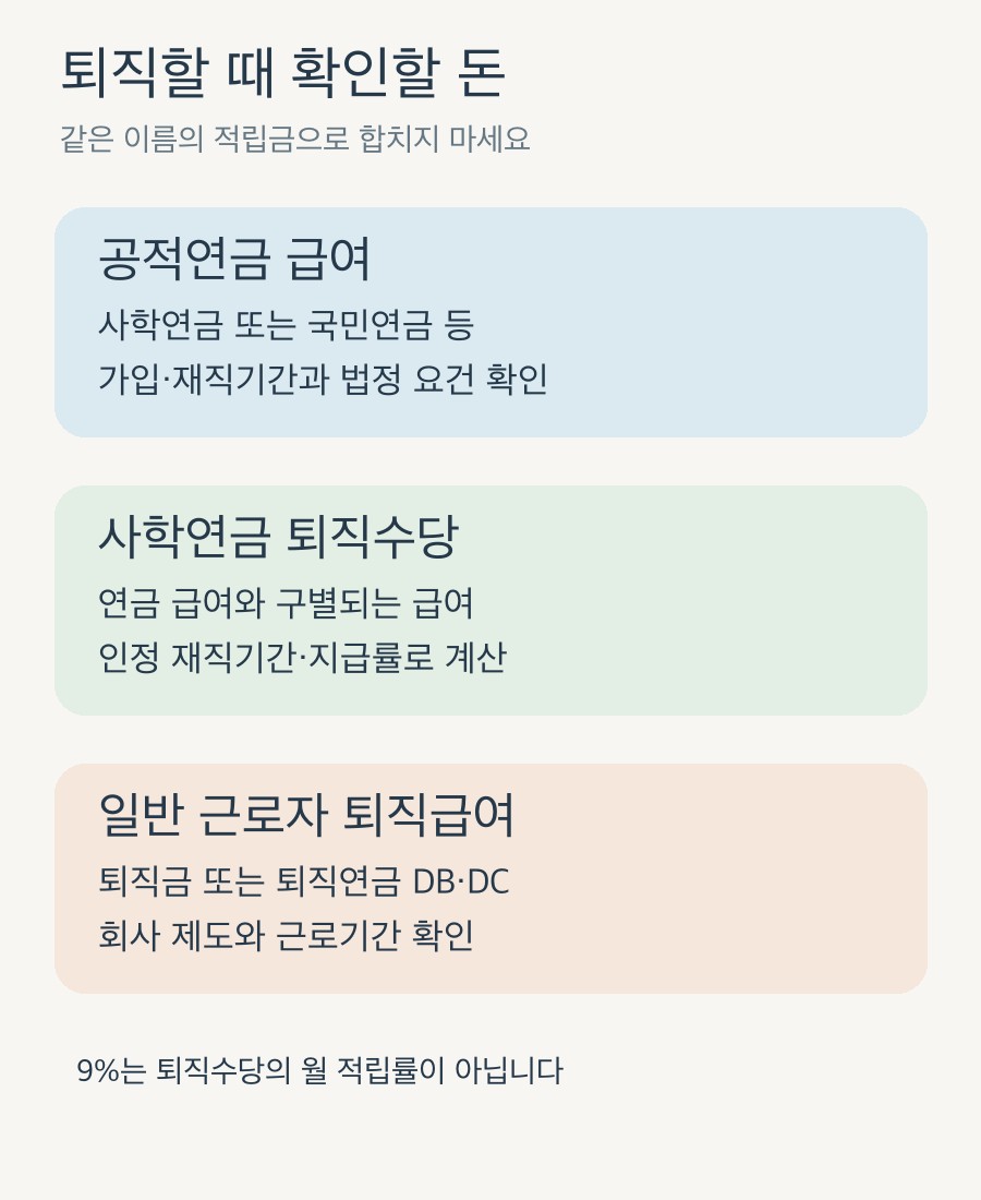 연금 부담금, 사학연금 퇴직수당, 일반 근로자의 퇴직급여를 구분하는 직접 제작 도식