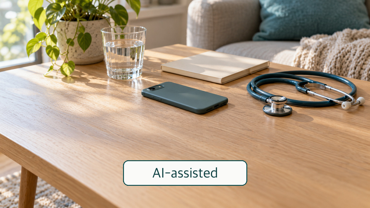 Conceptual home-table scene with a face-down phone, stethoscope and closed notebook; not a real clinic screen or enacted rule
