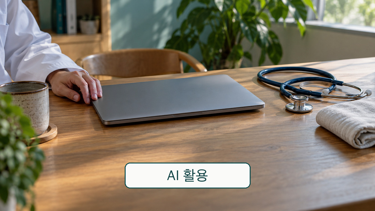 진료실 책상 위 닫힌 노트북·청진기와 얼굴이 보이지 않는 손을 배치한 개념 사진. 실제 상담 화면이나 진료기록이 아님