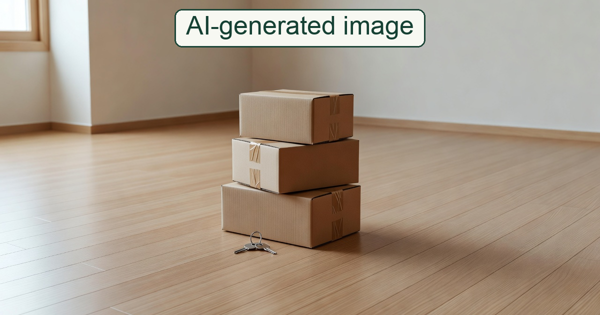 AI-generated conceptual moving scene with boxes and keys in an empty room; not a real home or an eligible tax case.