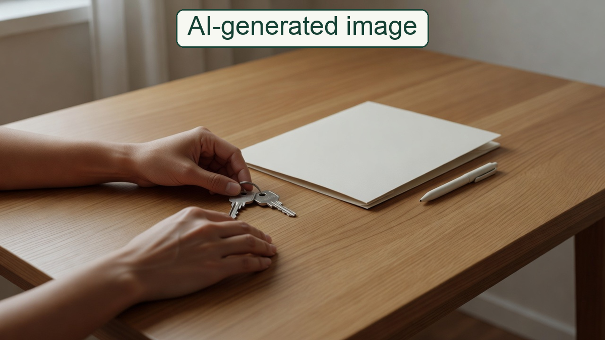 AI-generated conceptual scene of a hand with keys beside blank paper; not an actual contract or proof of deposit.