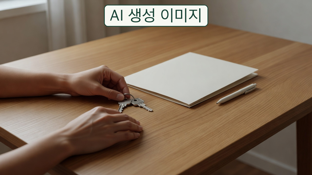 빈 종이 옆에서 열쇠를 든 손을 표현한 AI 생성 개념 이미지. 실제 계약서나 계약금 증빙이 아닙니다.