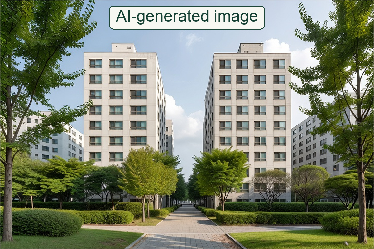 AI-generated conceptual apartment scene; not an actual address or identified adjustment area.