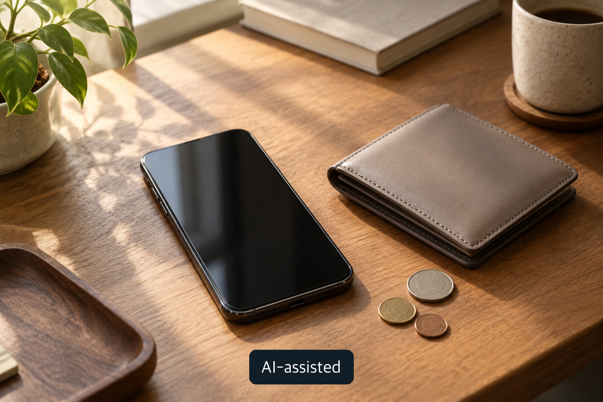 AI-generated conceptual photograph of an unbranded phone with a dark screen, wallet and coins; not an actual payment app or proof of a balance