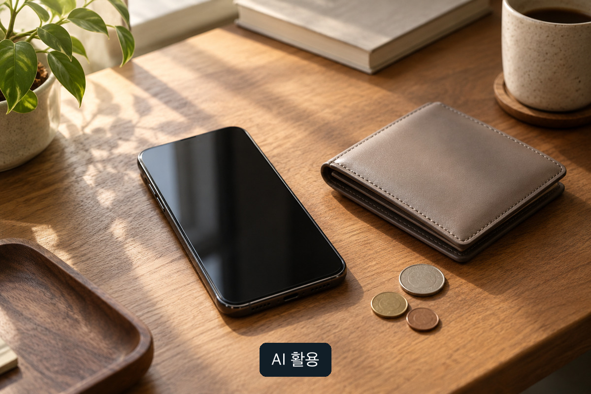꺼진 화면의 무표기 휴대전화와 지갑·동전의 AI 생성 개념 사진; 실제 서비스 화면이나 잔액 증거가 아님