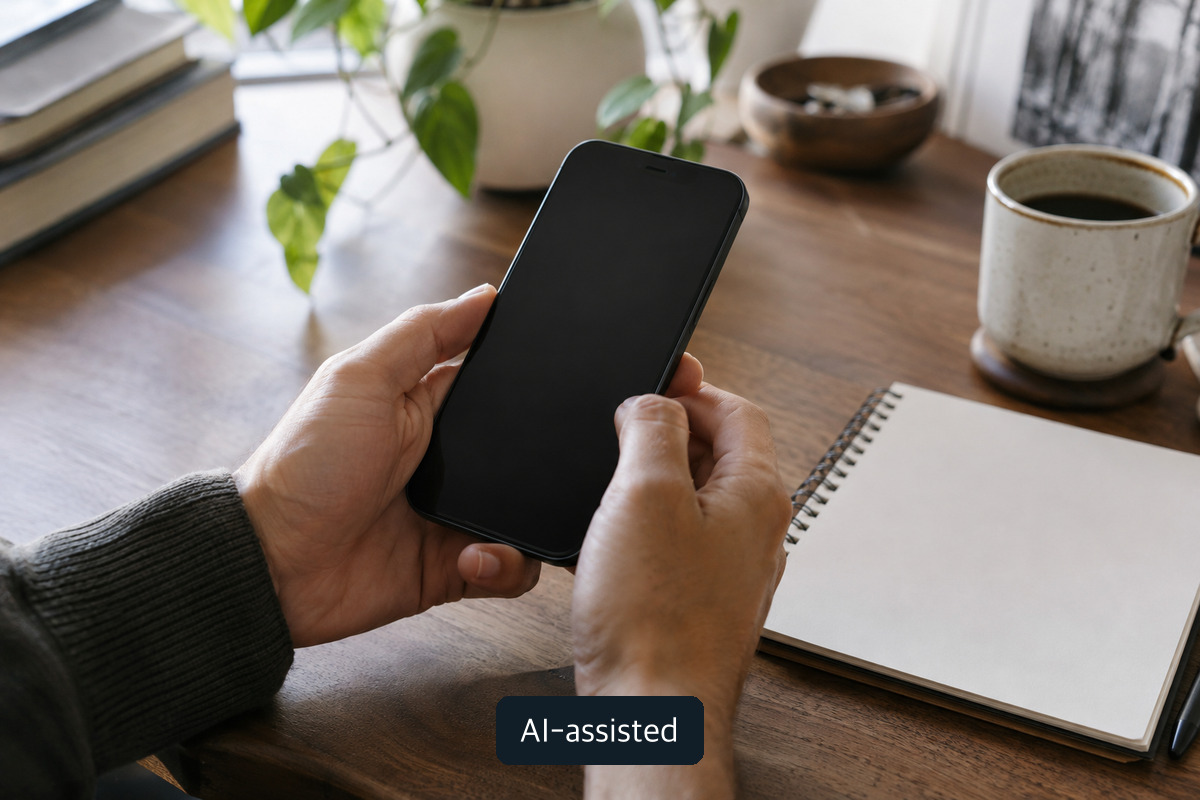 AI-generated conceptual photograph of hands checking an unbranded phone with a blank dark screen; not a real payment or refund interface