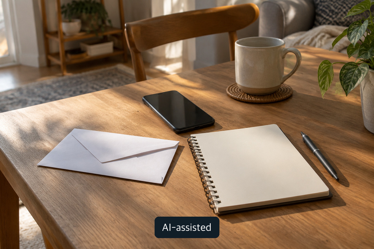 AI-generated conceptual still life of an unmarked envelope, blank notepad and unlit phone; not an official refund letter or receipt