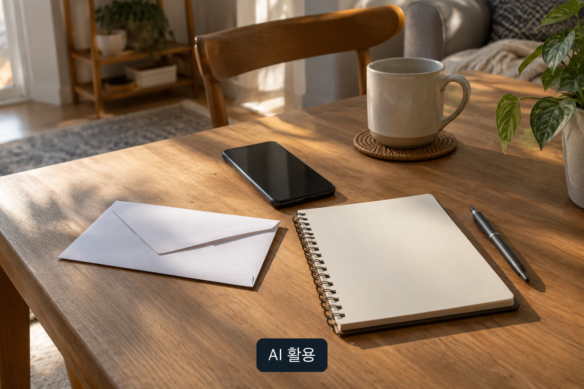 무표기 봉투와 빈 메모지·꺼진 휴대전화를 놓은 AI 생성 개념 사진; 실제 환급 통지문이나 입금 증빙 아님