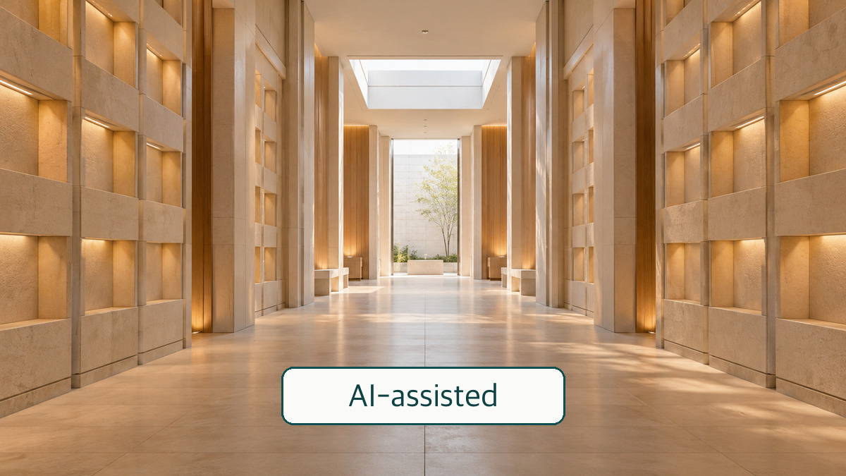 Conceptual empty corridor in an unmarked memorial space, not an actual burial facility or government office