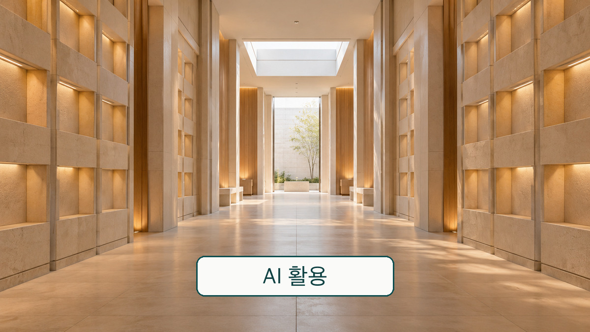 실제 안장시설이나 보훈기관 화면이 아닌, 표식 없는 추모 공간의 빈 복도를 그린 개념 장면