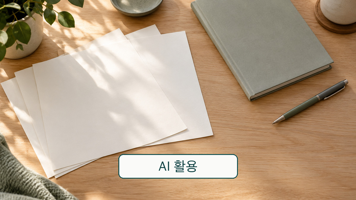 실제 신청서나 이용 기록이 아닌, 빈 종이와 닫힌 노트·펜의 비식별 개념 장면