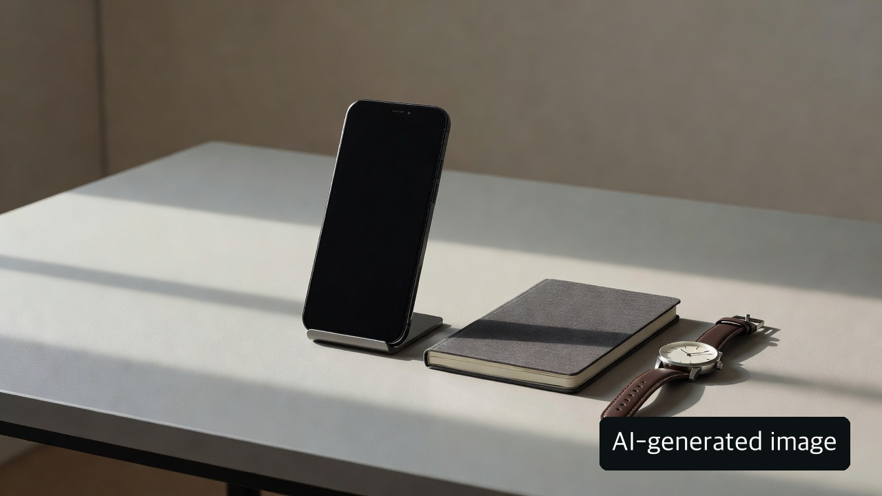 AI-generated explanatory still life of a phone and notebook