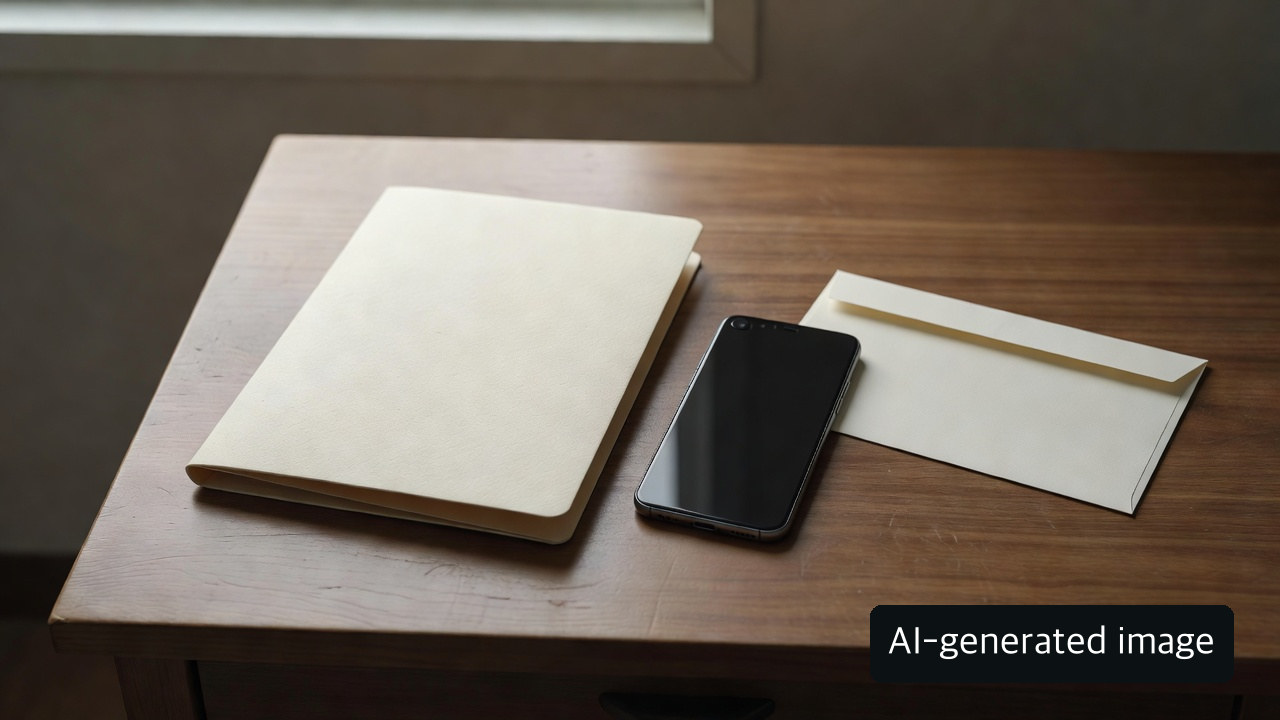 AI-generated explanatory still life representing preserved notes and a separate contact route