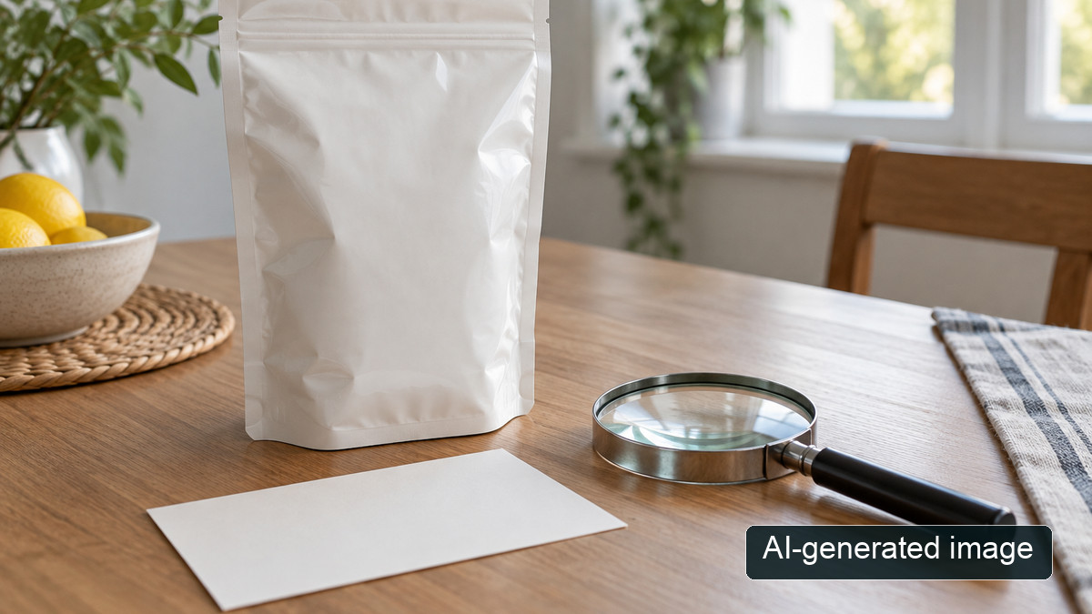 AI-generated image: unmarked generic pouch, blank card and magnifier rather than the recalled product packaging