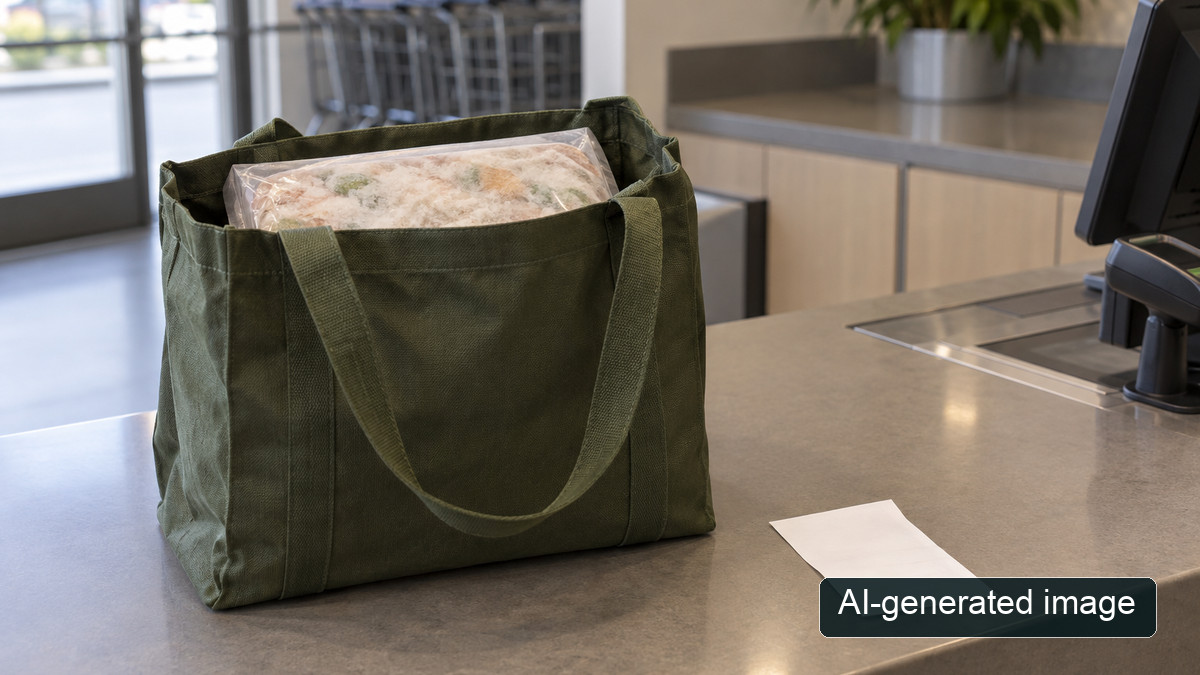 AI-generated image: generic unmarked food parcel at a return counter, not documentary evidence of this recall
