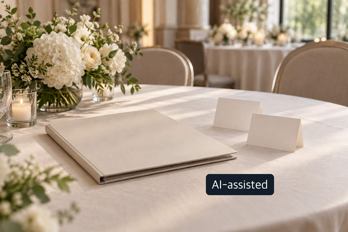 AI-generated conceptual wedding reception table with flowers, blank place cards and a closed album; not a real provider quote or contract