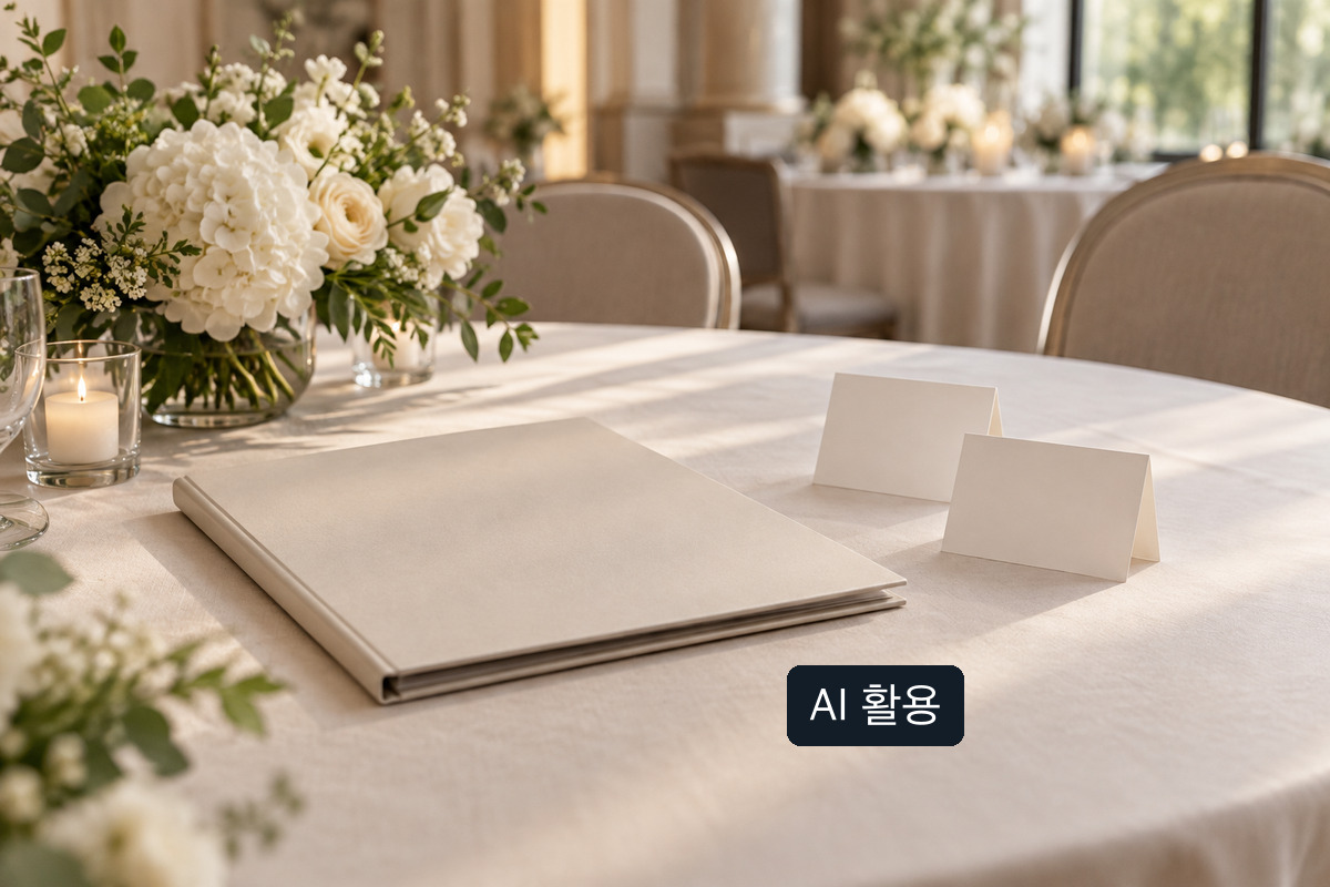 꽃과 빈 카드, 닫힌 앨범이 놓인 결혼식 연회 테이블의 AI 생성 개념 사진; 실제 업체 견적이나 계약서가 아님