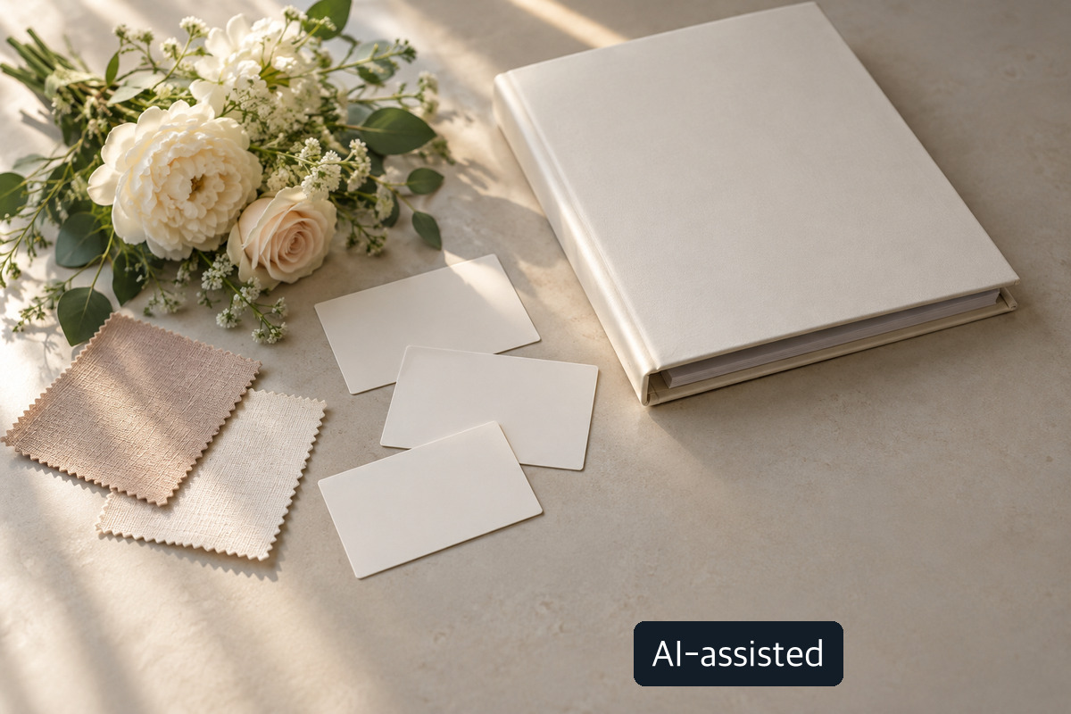 AI-generated conceptual still life with flowers, a closed album, blank cards and fabric swatches; not an actual wedding-service quote