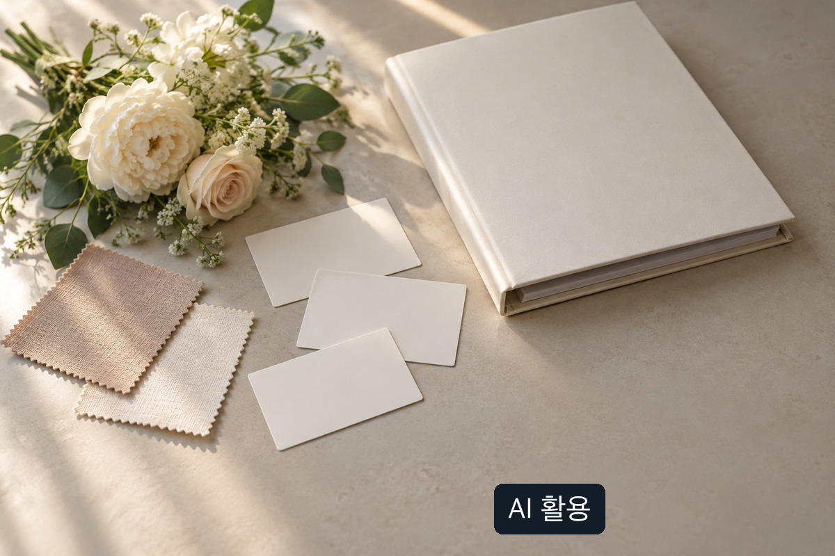 꽃다발과 닫힌 앨범, 빈 카드 세 장과 천 견본이 놓인 AI 생성 개념 사진; 실제 결혼서비스 업체 자료가 아님