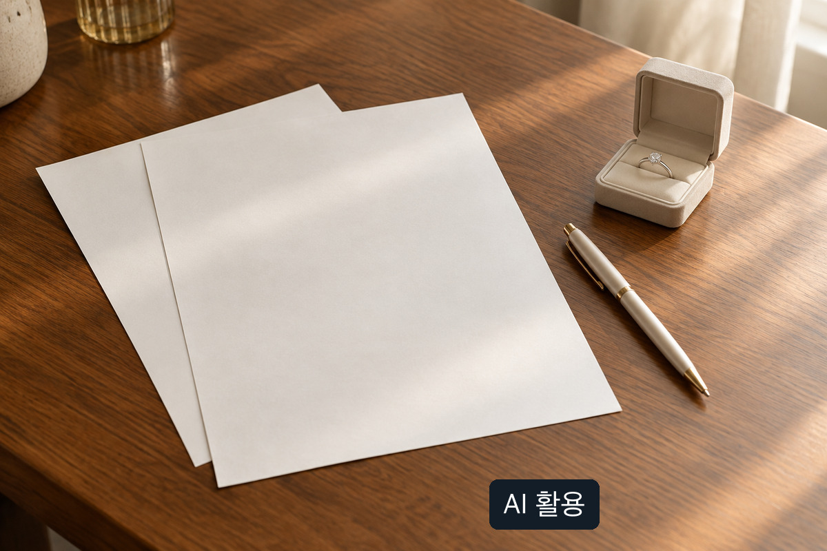 빈 종이 두 장과 펜, 반지가 든 열린 상자가 놓인 AI 생성 개념 사진; 실제 계약서나 과태료 통지문이 아님