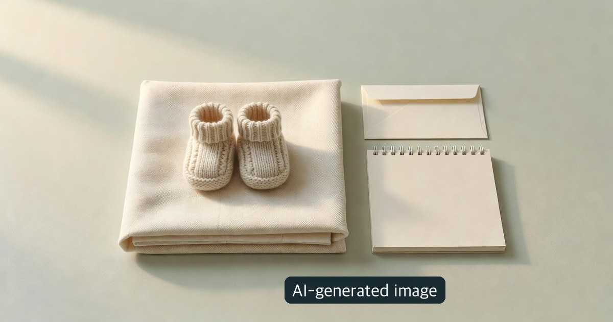 AI-generated still life of infant booties and a blanket, illustrating birth-related benefits rather than a government form