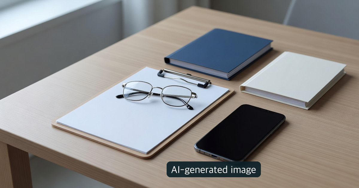 AI-generated still life of a blank clipboard and glasses, representing an eligibility and commencement check