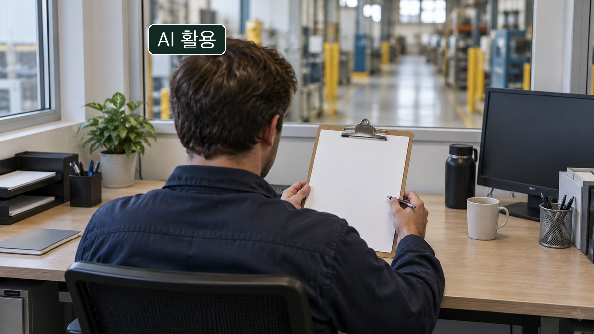 작업자가 빈 서류를 살펴보는 일반 사업장 사무실 개념 장면. 실제 점검 결과를 보여주지 않습니다.