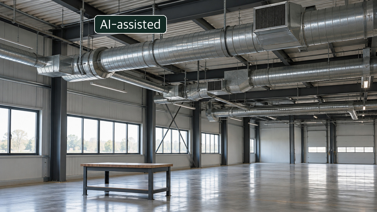 Conceptual industrial hall with ceiling ducts; it does not establish ventilation performance or an air measurement.