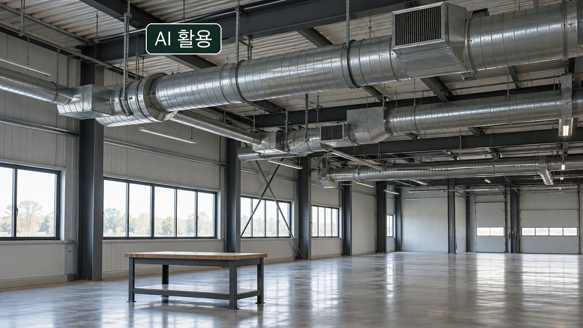 산업시설 천장에 설치된 환기 덕트의 개념 장면. 실제 환기 성능이나 가스농도 측정 결과가 아닙니다.