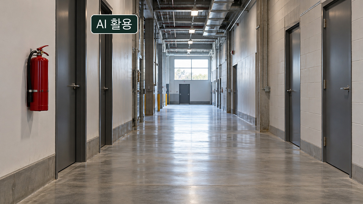 문과 벽걸이 소화기가 보이는 빈 산업시설 통로의 개념 장면. 실제 사업장의 대피시설 판정이 아닙니다.