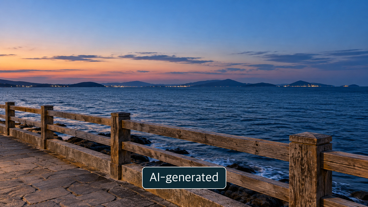 Conceptual waterfront promenade with a wooden rail, distant lights and islands at twilight; not an actual Yeosu festival scene