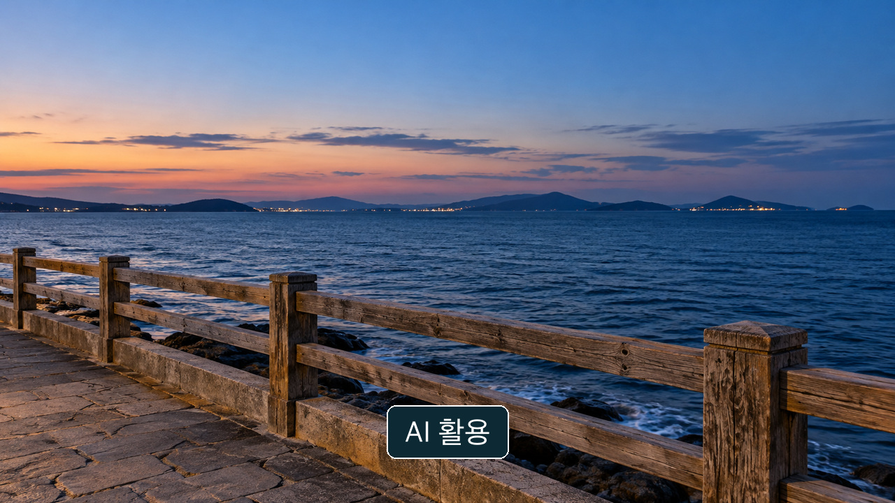 나무 난간이 있는 해변 산책로와 푸른 저녁 하늘 아래 먼 도시 불빛을 그린 개념 이미지; 실제 여수 행사 현장 사진이 아님