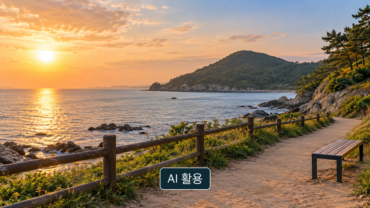 모래길 옆 벤치와 나무 울타리, 저녁 바다와 먼 언덕을 그린 개념 이미지; 장도 진섬다리 또는 행사 동선의 실제 사진이 아님