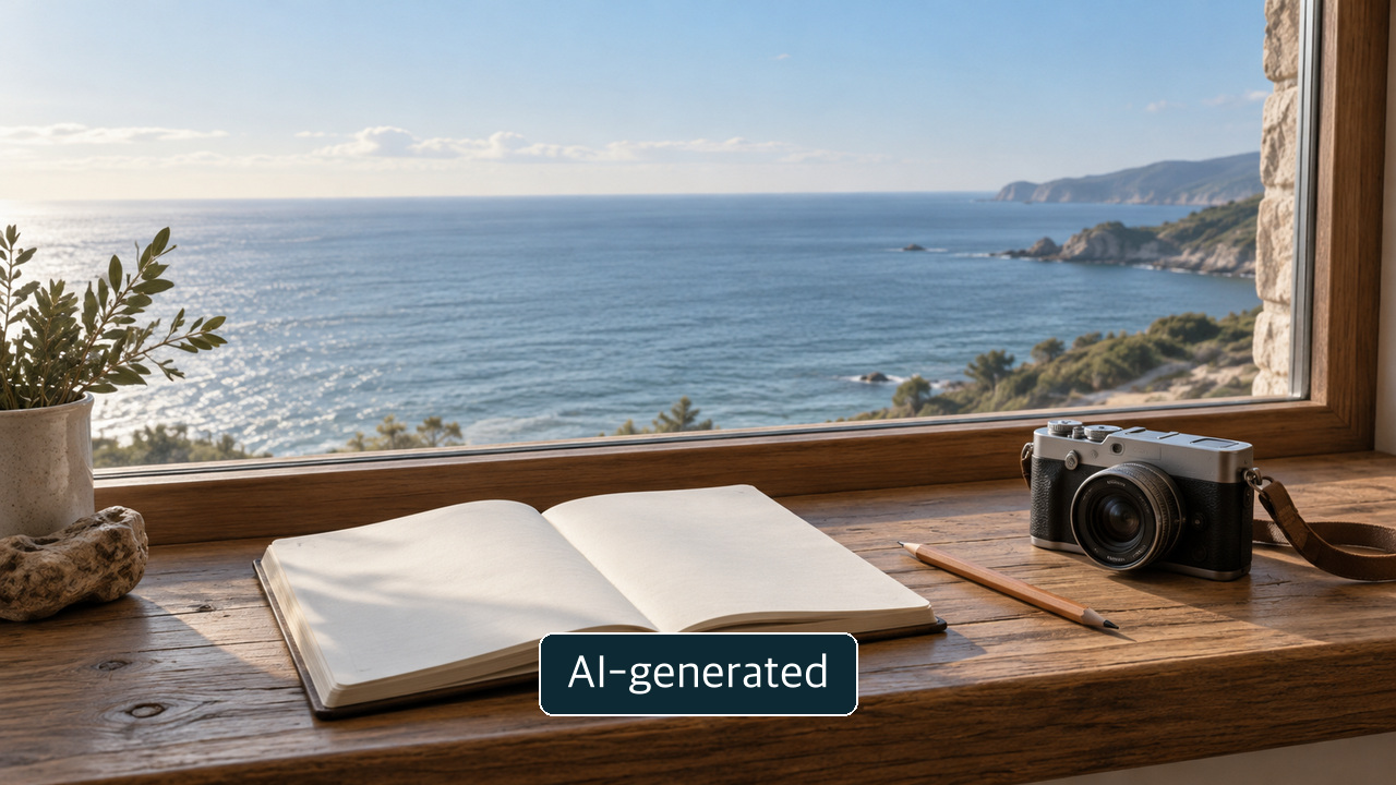 Conceptual blank notebook, pencil and camera on a wide wooden windowsill looking toward the sea; not an event log or official photograph