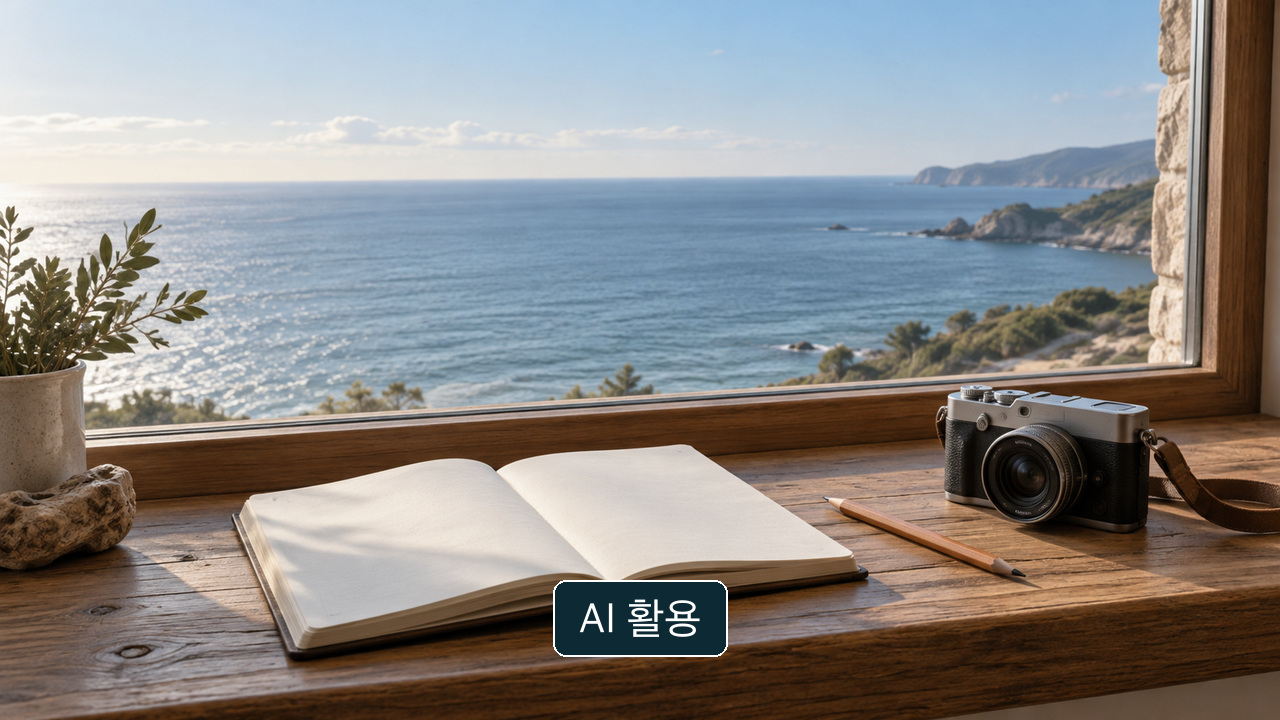 바다를 내다보는 넓은 나무 창턱 위 빈 노트·연필·카메라의 개념 이미지; 실제 행사 기록 사진이 아님