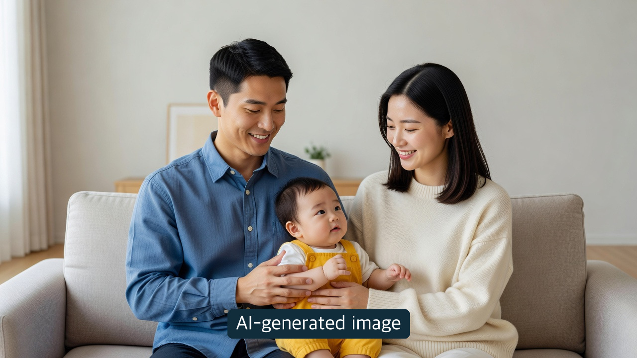 AI-generated conceptual image of one young father, one young mother and one child together; not a real beneficiary family or documented application.