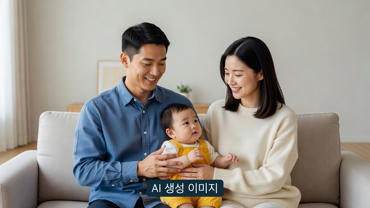 AI 생성 개념 사진: 젊은 남성과 여성 보호자 각 한 명, 아이 한 명이 함께 앉아 있습니다. 실제 지원 가구나 공식 신청 장면이 아닙니다.